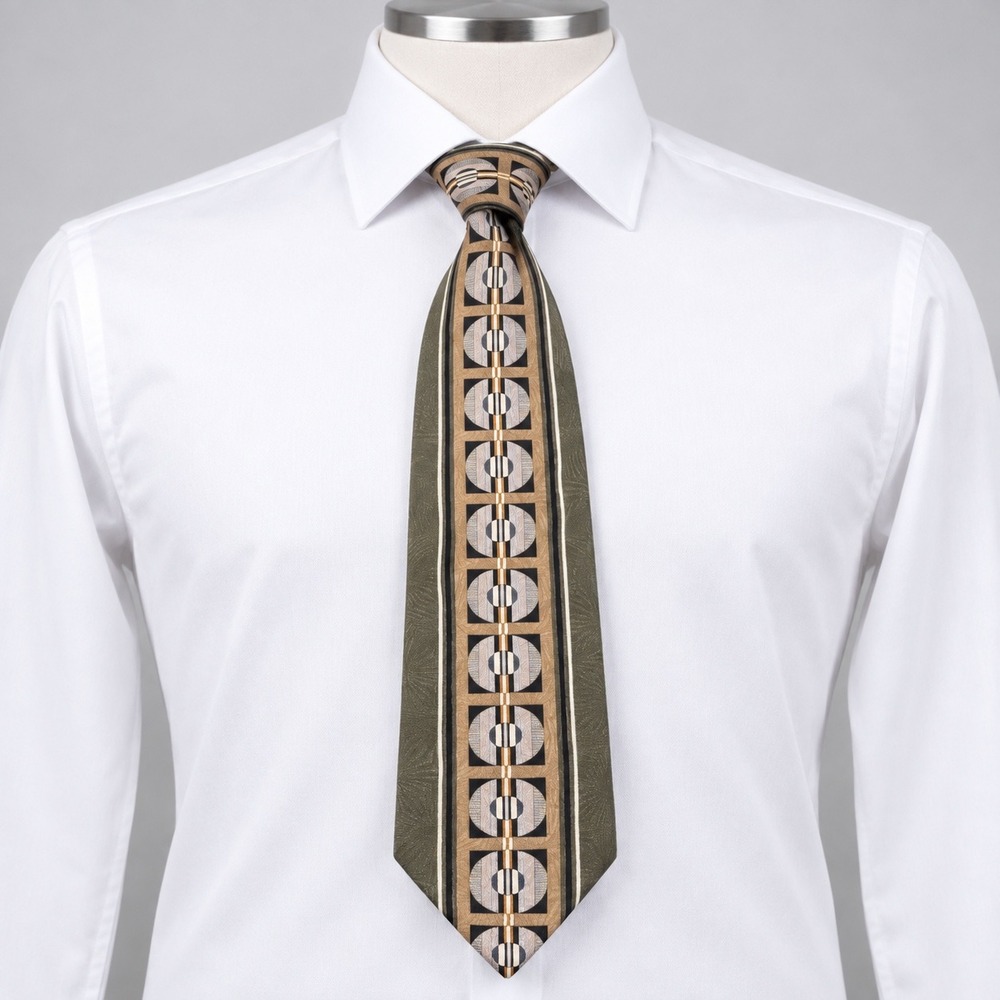Zylos George Machado Necktie Men OS Olive Green Geometric Silk Vintage Retro Tie